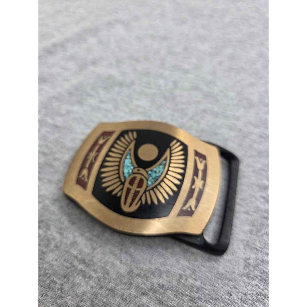 1970s Tech Ether Guild Winged Cobra Turquoise Brass Belt Buckle